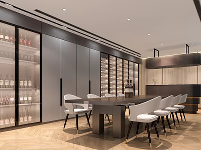 Modern Wine Cellar Interior With Glass Wine Cabinets And Dining Table 3d model