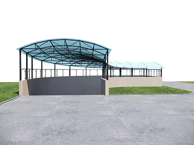 Outdoor Glass Canopy Structure Featuring Metal Frame Grass And Gray Pavement 3d model