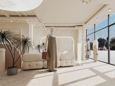 Modern Clothing Store Interior Featuring White Mannequins Dresses Beige Sofa Green Plants And Large Windows 3d model