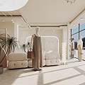 Modern Clothing Store Interior Featuring White Mannequins Dresses Beige Sofa Green Plants And Large Windows