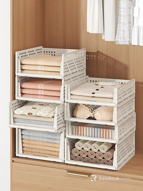 Organized Household Items in White Multi Layer Storage Rack with Towels Linen and Clothes 3d model 
