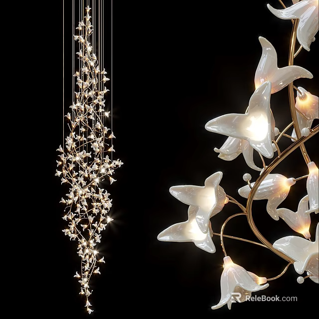 White Lily Shaped Chandelier With Metal Frame And Illuminated Glowing Lights 3d model 
