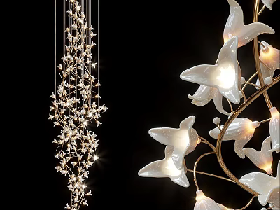 White Lily Shaped Chandelier With Metal Frame And Illuminated Glowing Lights 3d model
