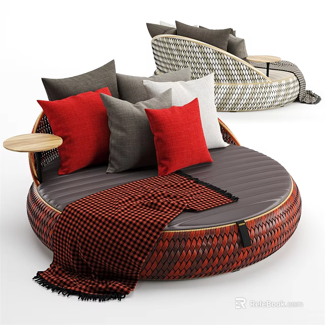 Irregular Shaped Sofa With Woven Design Red Gray Pillows Checkered Blanket And Side Table 3d model 