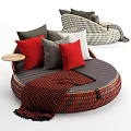 Irregular Shaped Sofa With Woven Design Red Gray Pillows Checkered Blanket And Side Table 3d model