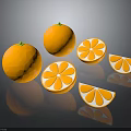Juicy Whole Oranges And Sliced Pieces On Black Reflective Surface
