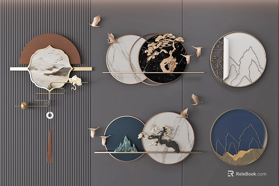 Modern Chinese Decorative Wall Hanging Ornaments With Round Mountain Pine Patterns And Marble Frame 3d model