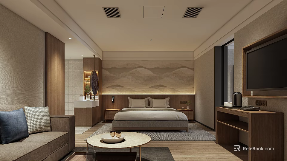 Modern Hotel Room Interior With Wooden Furniture Mountain Pattern Headboard Sofa And Coffee Table 3d model 