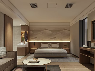 Modern Hotel Room Interior With Wooden Furniture Mountain Pattern Headboard Sofa And Coffee Table 3d model