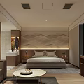 Modern Hotel Room Interior With Wooden Furniture Mountain Pattern Headboard Sofa And Coffee Table