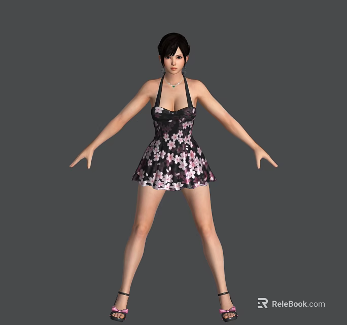 A Woman in Black Floral Print Dress with Short Hair Wearing Necklace Standing Arms Outstretched 3d model 