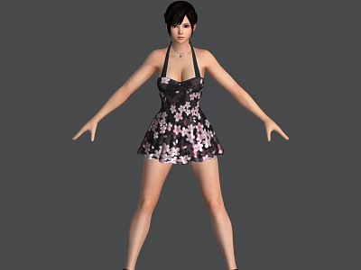 A Woman in Black Floral Print Dress with Short Hair Wearing Necklace Standing Arms Outstretched 3d model