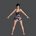 A Woman in Black Floral Print Dress with Short Hair Wearing Necklace Standing Arms Outstretched