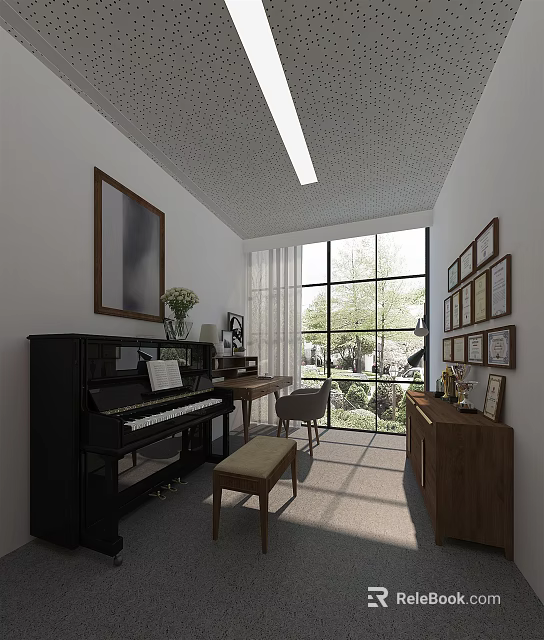 Piano Room With Black Piano Large Windows And Decor 3d model 