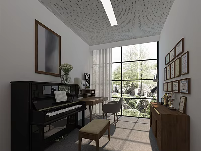 Piano Room With Black Piano Large Windows And Decor 3d model
