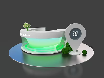 BLUEHAN White Curved Reception Desk With Green Glow Location Pin Numbers And Small Plants 3d model