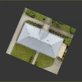 Cartoon Style Model House Scene With Gray Roof Green Lawn Trees And Pathway