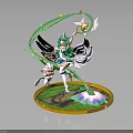 Green Haired Winged Character And Small White Creature With Glowing Staff On Golden Circular Base