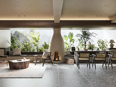 Modern Dining and Living Room Interior With Fireplace Green Plants And Cozy Seating 3d model