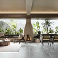 Modern Dining and Living Room Interior With Fireplace Green Plants And Cozy Seating