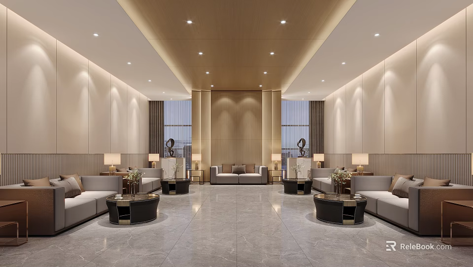 Modern Leisure Area Interior With Comfortable Sofas Round Coffee Tables And Recessed Lighting 3d model 