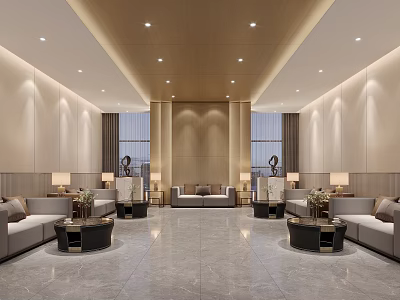 Modern Leisure Area Interior With Comfortable Sofas Round Coffee Tables And Recessed Lighting 3d model