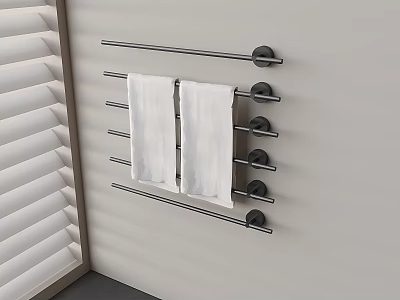 White Towels Hanging On Metal Towel Rack Mounted On Wall With Window Blinds 3d model