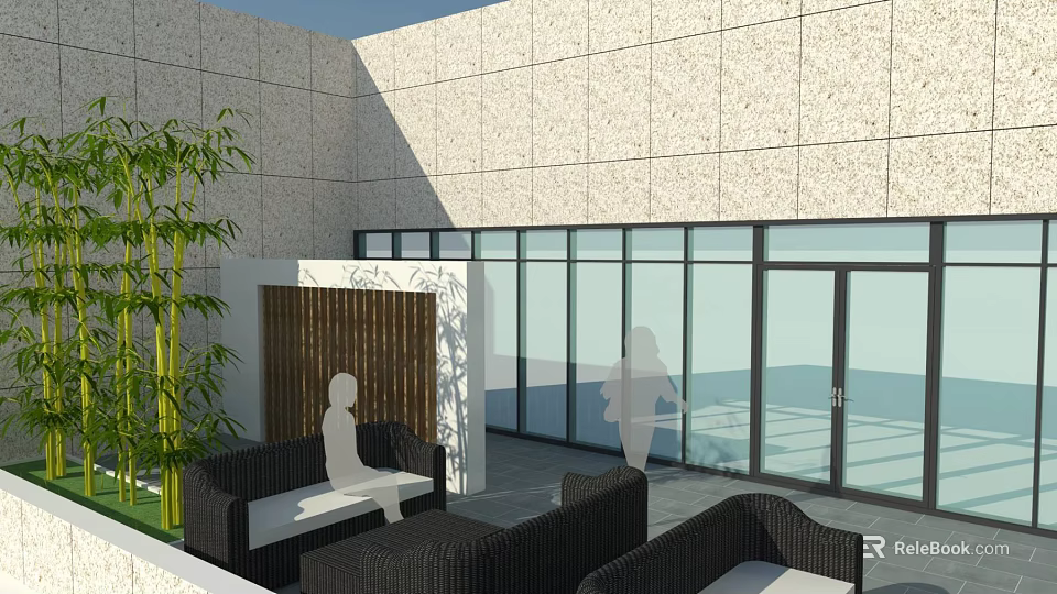 Modern Roof Garden Design With Wicker Furniture Green Plants And Large Glass Windows 3d model 