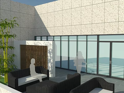 Modern Roof Garden Design With Wicker Furniture Green Plants And Large Glass Windows 3d model