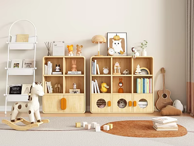 Wooden Decorative Cabinets in Kids Room with Toys Books Lamps and Ornaments 3d model