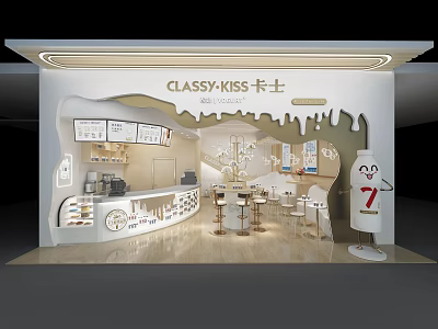 CLASSY KISS Milk Tea Shop Modern Interior Design With Counter Tables Chairs And Decorations 3d model