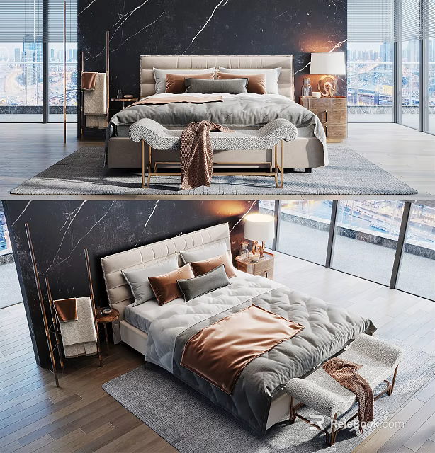 Modern Double Bed Bedroom Interior With Plush Pillows Cozy Blanket And City View 3d model 