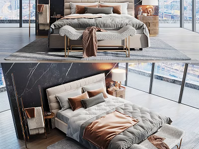 Modern Double Bed Bedroom Interior With Plush Pillows Cozy Blanket And City View 3d model