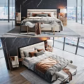 Modern Double Bed Bedroom Interior With Plush Pillows Cozy Blanket And City View