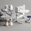 Two Modern White Study Desks With Blue Ergonomic Chairs And Shelf Storage 3d model