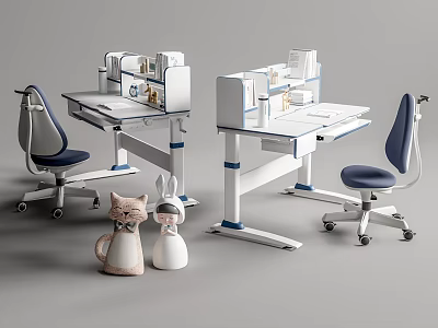 Two Modern White Study Desks With Blue Ergonomic Chairs And Shelf Storage 3d model