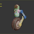 White Robotic Character With Mechanical Arm Large Wheel And Warning Label On Cylindrical Body