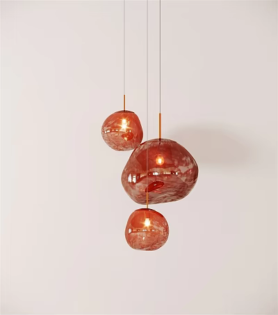 Three Red Spherical Glass Pendant Lights Hanging With Glossy Finish 3d model