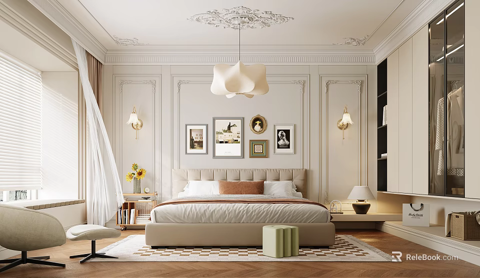 Elegant Bedroom Interior With Beige Bed Modern Pendant Light Herringbone Rug And Framed Art 3d model 