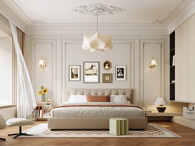 Elegant Bedroom Interior With Beige Bed Modern Pendant Light Herringbone Rug And Framed Art 3d model