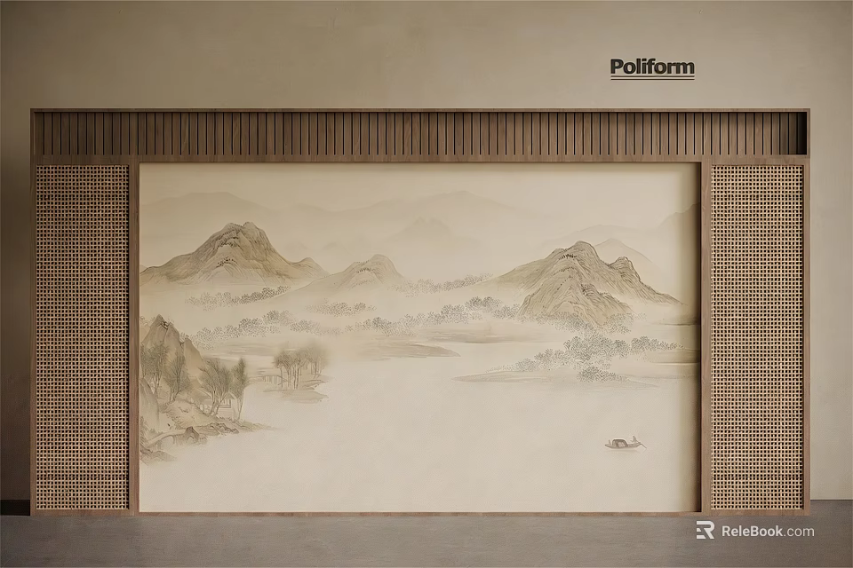 Traditional Chinese Landscape Painting Background Wall With Wooden Frame And Lattice Sides 3d model 