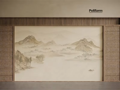 Traditional Chinese Landscape Painting Background Wall With Wooden Frame And Lattice Sides 3d model