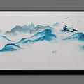 Layered Blue Mountains Landscape Painting With Misty Clouds Flying Birds And Small Boat On Water