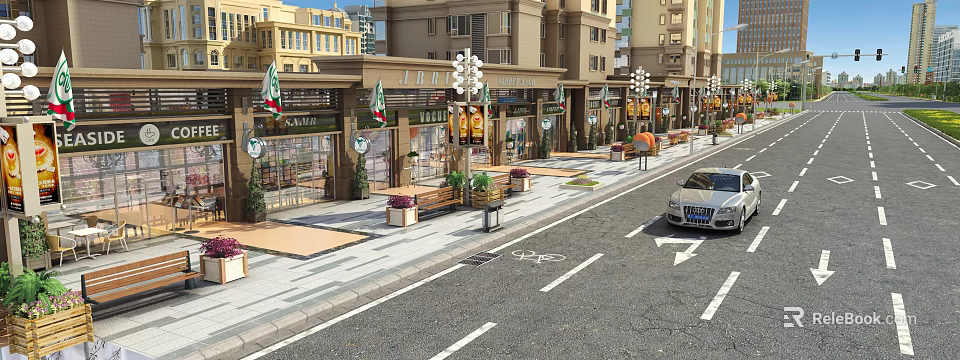 Vibrant Commercial Street With Colorful Storefronts Street Lamps Flower Beds Benches And Bicycle Lane 3d model 