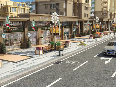 Vibrant Commercial Street With Colorful Storefronts Street Lamps Flower Beds Benches And Bicycle Lane 3d model