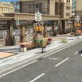 Vibrant Commercial Street With Colorful Storefronts Street Lamps Flower Beds Benches And Bicycle Lane