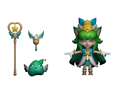 Cute Green Haired Game Anime Character With Winged Headdress Magic Staff And Green Fairy Companion 3d model
