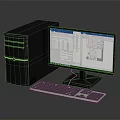 Black Desktop Tower With Green Accent Monitor Displaying Charts And Wired Keyboard Setup