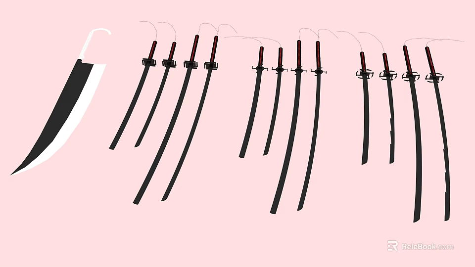 Traditional Samurai Weapons Collection With Black Blades And Red Handles Display Arrangement 3d model 
