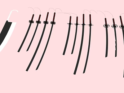 Traditional Samurai Weapons Collection With Black Blades And Red Handles Display Arrangement 3d model